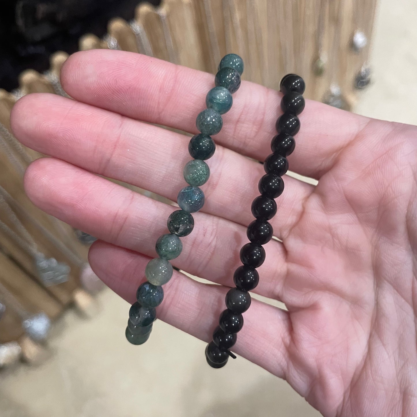 Stretch Bracelets: Moss Agate & Rainbow Obsidian